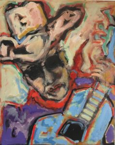 Self Portrait of the Artist with Red Bandana and Cubist Guitar by Tom Russell
